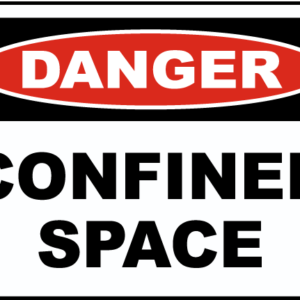 Danger confined space sign in black, white and red.