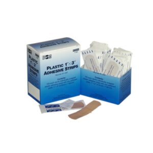 Contains 100 sterile individually wrapped plastic adhesive strips with non-adherent pads. 1" x 3" 2.54cm x 7.62cm