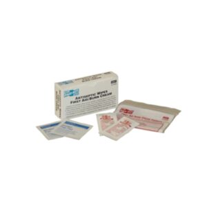 Contains: #K1211 30 each. Antiseptic Wipes for disinfecting minor wounds and scrapes #13-006B 6 each. First Aid/Burn Cream Packets to help prevent infection in and provide temporary relief from the pain of minor cuts, scrapes and burns.