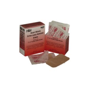 Contains 25 sterile individually wrapped heavy woven fabric adhesive strips with non-adherent pads. 2" x 3" 5.08cm x 7.62cm