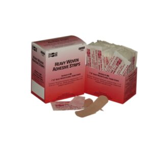 Contains 100 sterile individually wrapped heavy woven fabric adhesive strips with non-adherent pads. 1" x 3" 2.54cm x 7.62cm